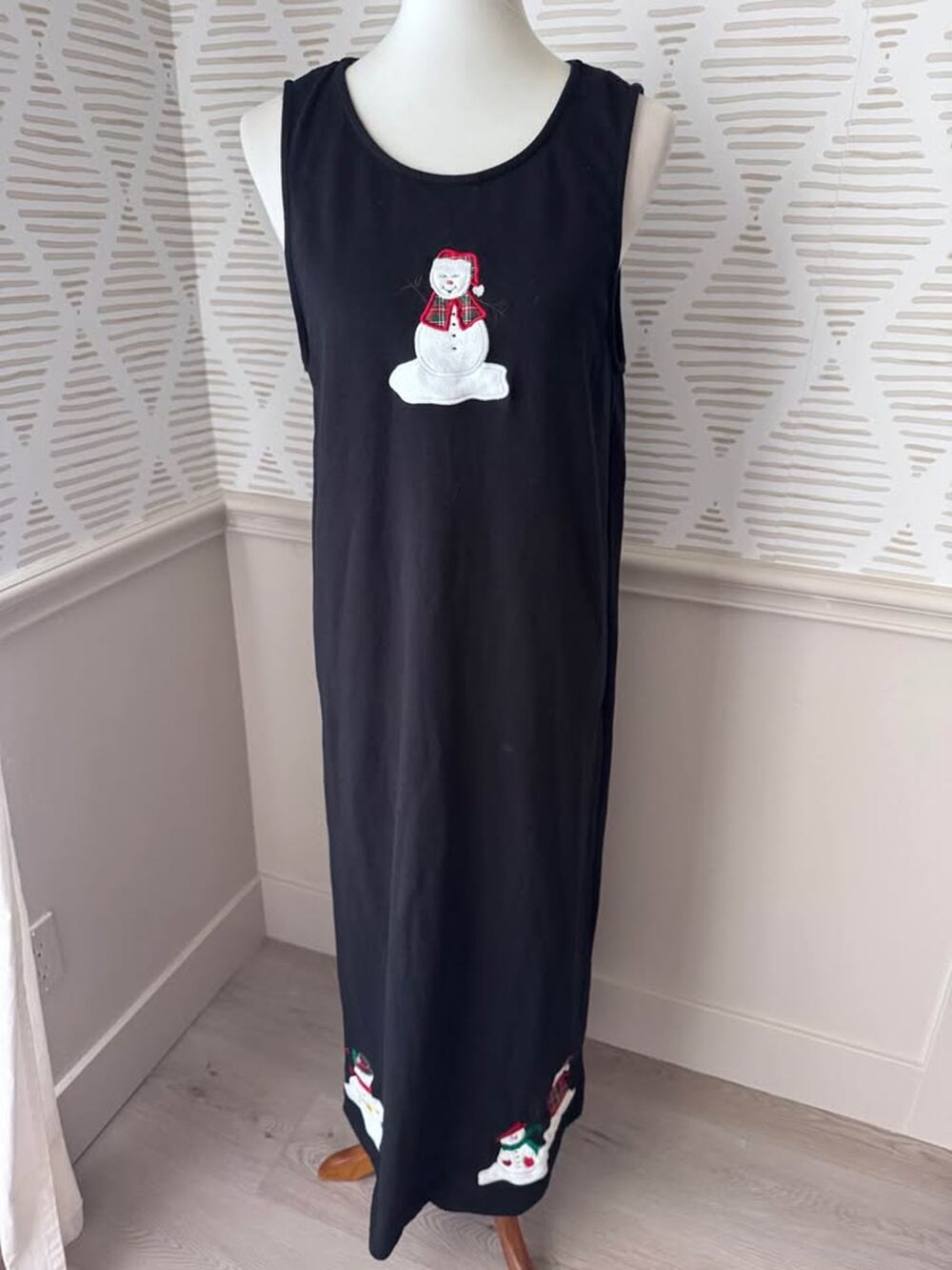 Vintage 90s Women’s Small Black Snowman Winter Christmas Jumper Tank Maxi Dress